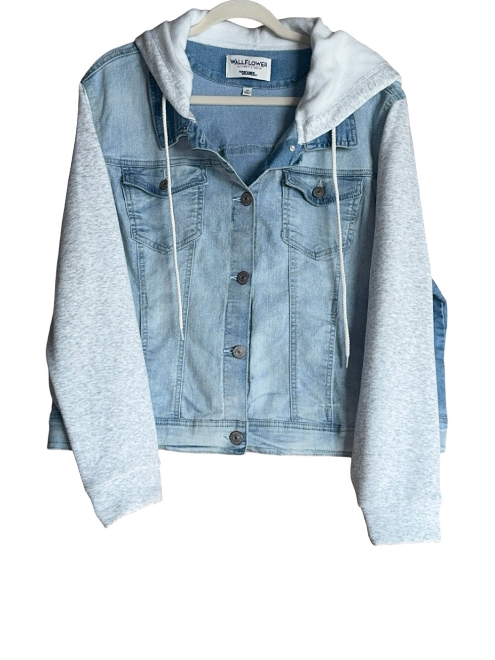 Wallflower Light Blue Denim Jacket with Gray Hoodie Sleeves